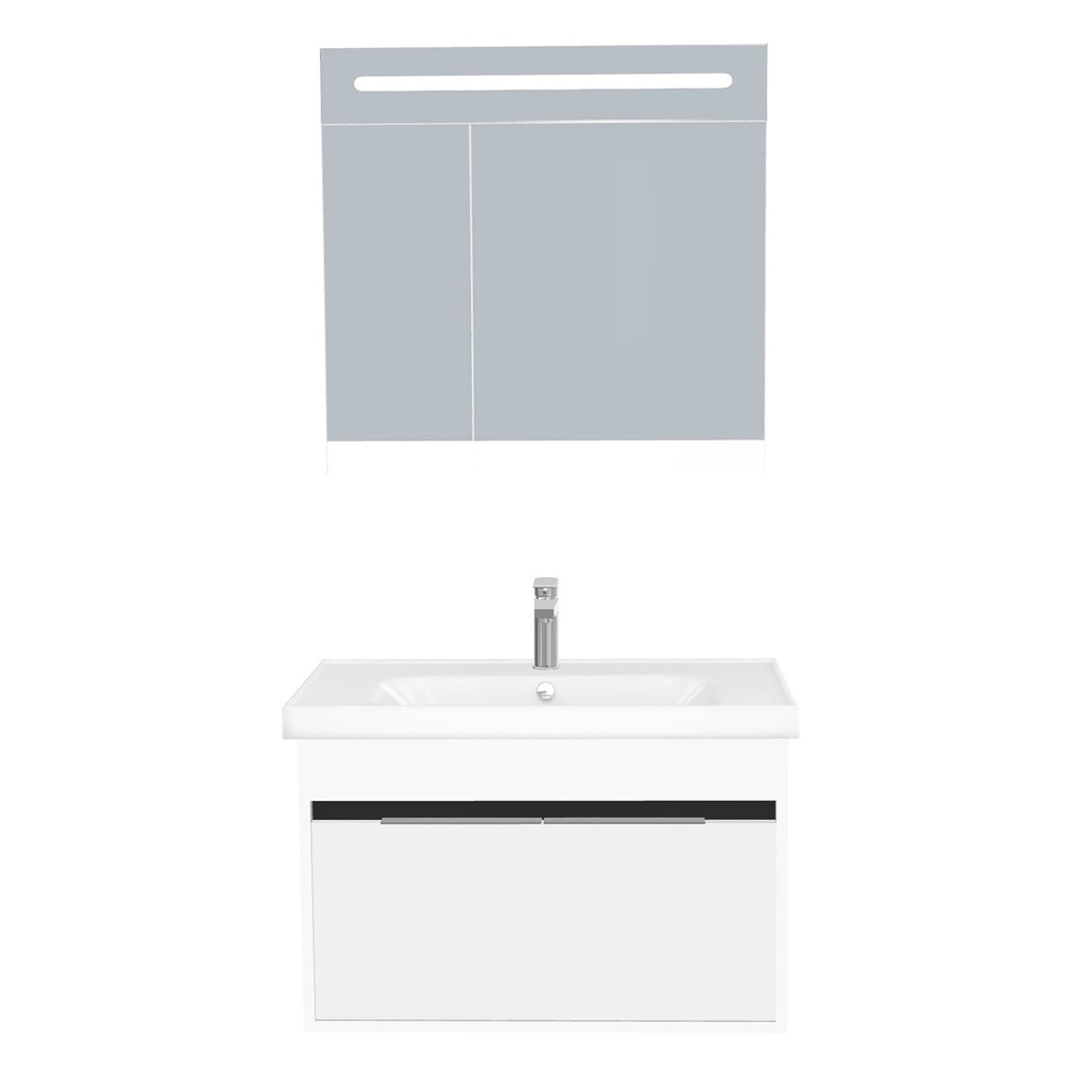 [B-KA-80-ST-WFR-LSK-HW] Kassel Badkamermeubel Set 80 cm Hoogglans Wit - Onderkast MDF Softclose Semi handgreep 2 deuren met Keramische Wastafel 1 kraangat en Badkamerspiegelkast met Led-verlichting