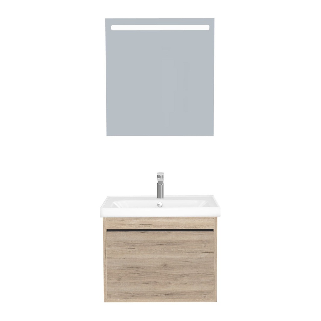 [B-OB-65-ST-WFR-LS-DE] Oberhausen Badkamermeubel Set 65 cm Duitse Eik - Onderkast MDF Softclose Semi handgreep 1 lade met Keramische Wastafel 1 kraangat en Badkamerspiegel met Led-verlichting