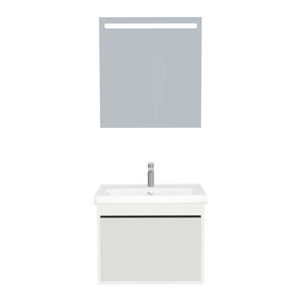 [B-OB-65-ST-WFR-LS-HW] Oberhausen Badkamermeubel Set 65 cm Hoogglans Wit - Onderkast MDF Softclose Semi handgreep 1 lade met Keramische Wastafel 1 kraangat en Badkamerspiegel met Led-verlichting