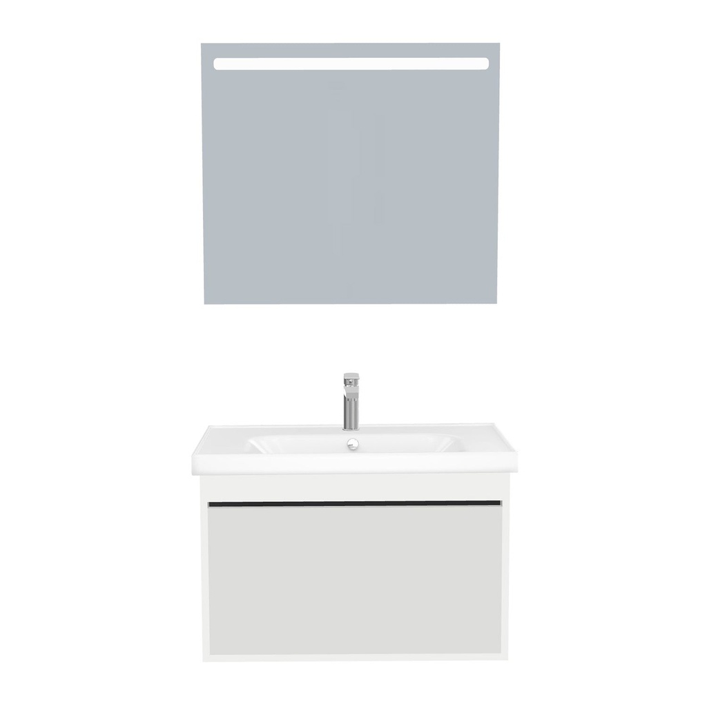 [B-OB-80-ST-WFR-LS-HW] Oberhausen Badkamermeubel Set 80 cm Hoogglans Wit - Onderkast MDF Softclose Semi handgreep 1 lade met Keramische Wastafel 1 kraangat en Badkamerspiegel met Led-verlichting