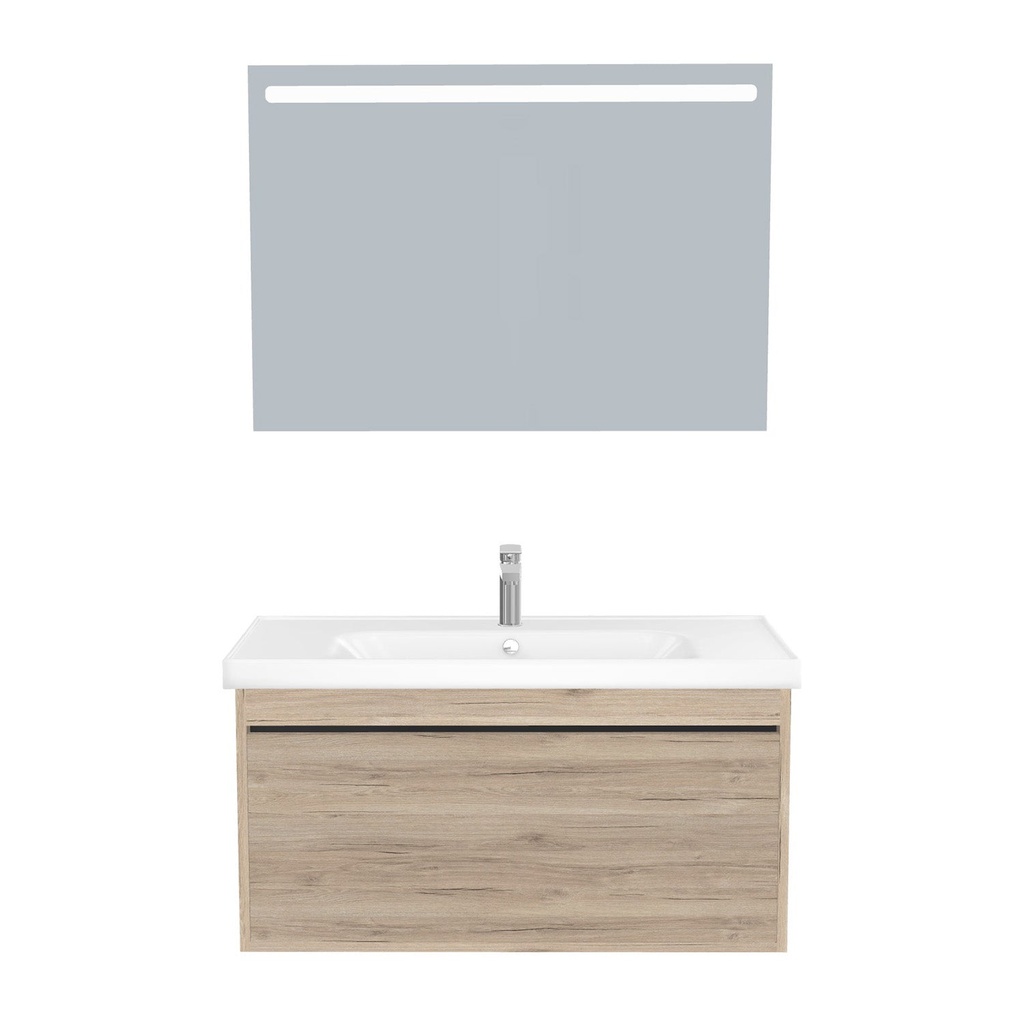 [B-OB-100-ST-WFR-LS-DE] Oberhausen Badkamermeubel Set 100 cm Duitse Eik - Onderkast MDF Softclose Semi handgreep 1 lade met Keramische Wastafel 1 kraangat en Badkamerspiegel met Led-verlichting