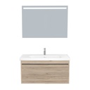 Oberhausen Badkamermeubel Set 100 cm Duitse Eik - Onderkast MDF Softclose Semi handgreep 1 lade met Keramische Wastafel 1 kraangat en Badkamerspiegel met Led-verlichting