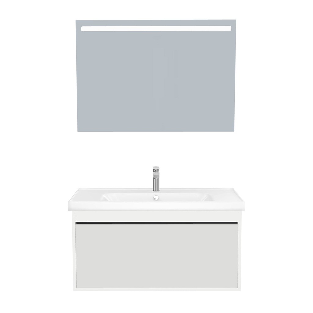 [B-OB-100-ST-WFR-LS-HW] Oberhausen Badkamermeubel Set 100 cm Hoogglans Wit - Onderkast MDF Softclose Semi handgreep 1 lade met Keramische Wastafel 1 kraangat en Badkamerspiegel met Led-verlichting