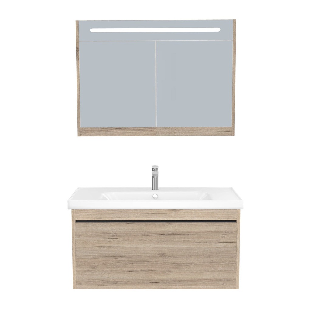 [B-OB-100-ST-WFR-LSK-DE] Oberhausen Badkamermeubel Set 100 cm Duitse Eik - Onderkast MDF Softclose Semi handgreep 1 lade met Keramische Wastafel 1 kraangat en Badkamerspiegelkast met Led-verlichting