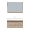 Oberhausen Badkamermeubel Set 100 cm Duitse Eik - Onderkast MDF Softclose Semi handgreep 1 lade met Keramische Wastafel 1 kraangat en Badkamerspiegelkast met Led-verlichting