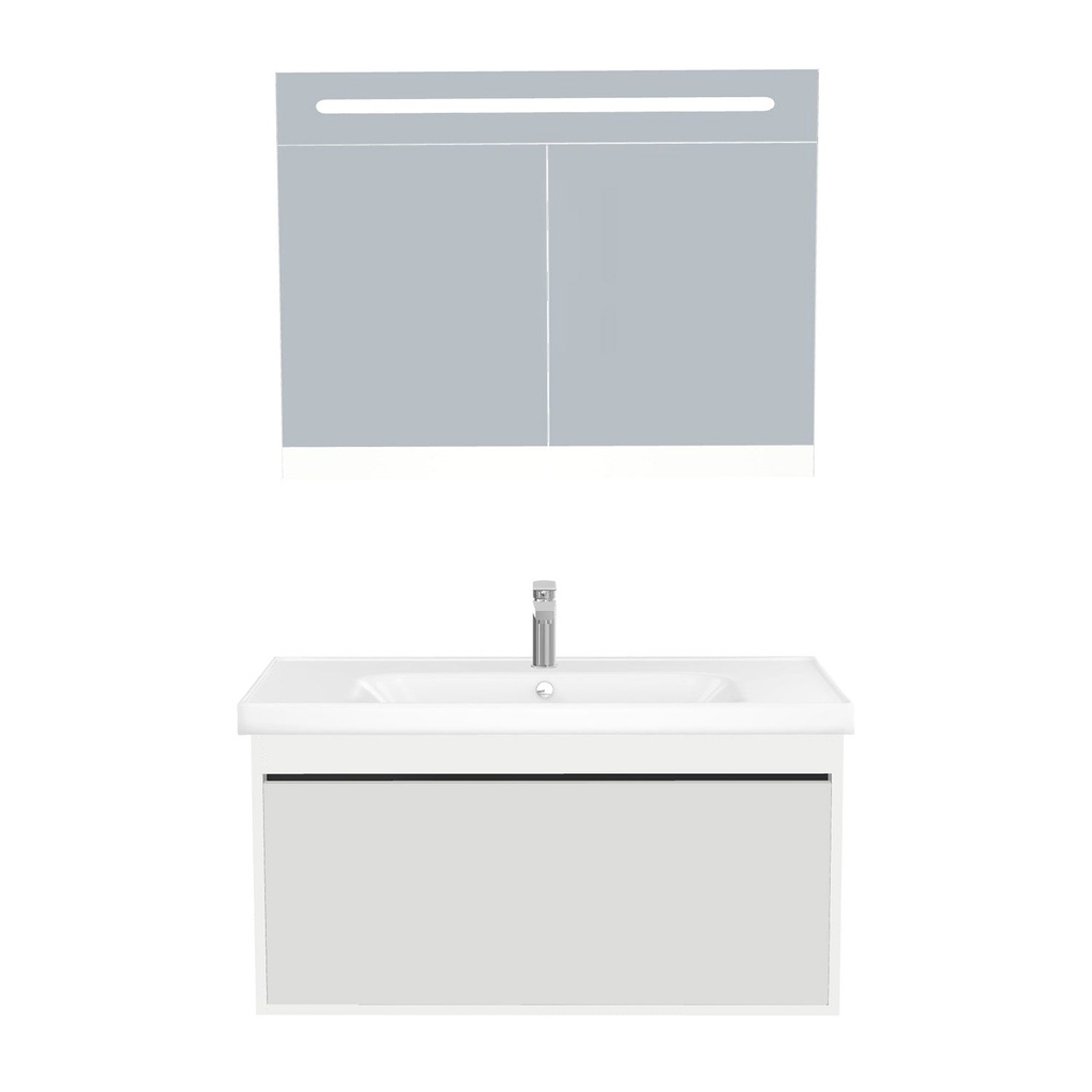 [B-OB-100-ST-WFR-LSK-HW] Oberhausen Badkamermeubel Set 100 cm Hoogglans Wit - Onderkast MDF Softclose Semi handgreep 1 lade met Keramische Wastafel 1 kraangat en Badkamerspiegelkast met Led-verlichting