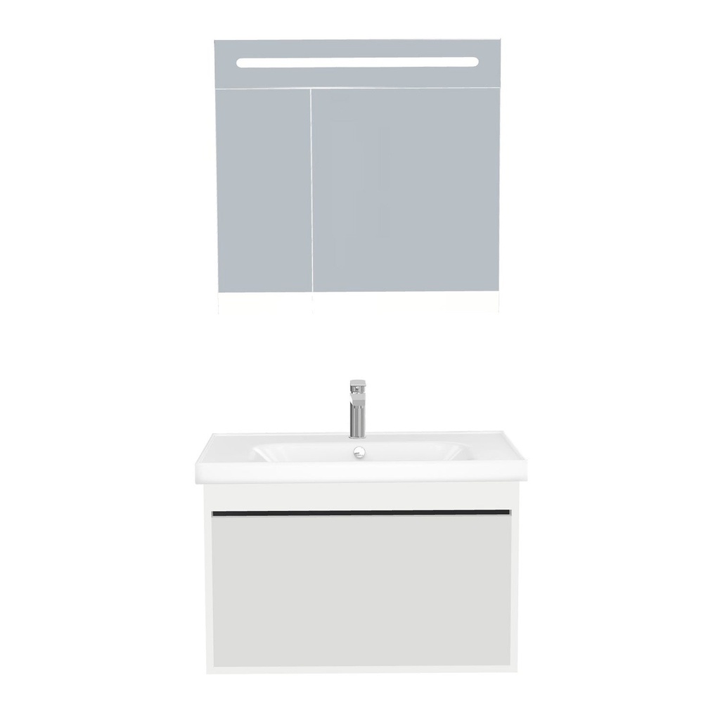 [B-OB-80-ST-WFR-LSK-HW] Oberhausen Badkamermeubel Set 80 cm Hoogglans Wit - Onderkast MDF Softclose Semi handgreep 1 lade met Keramische Wastafel 1 kraangat en Badkamerspiegelkast met Led-verlichting