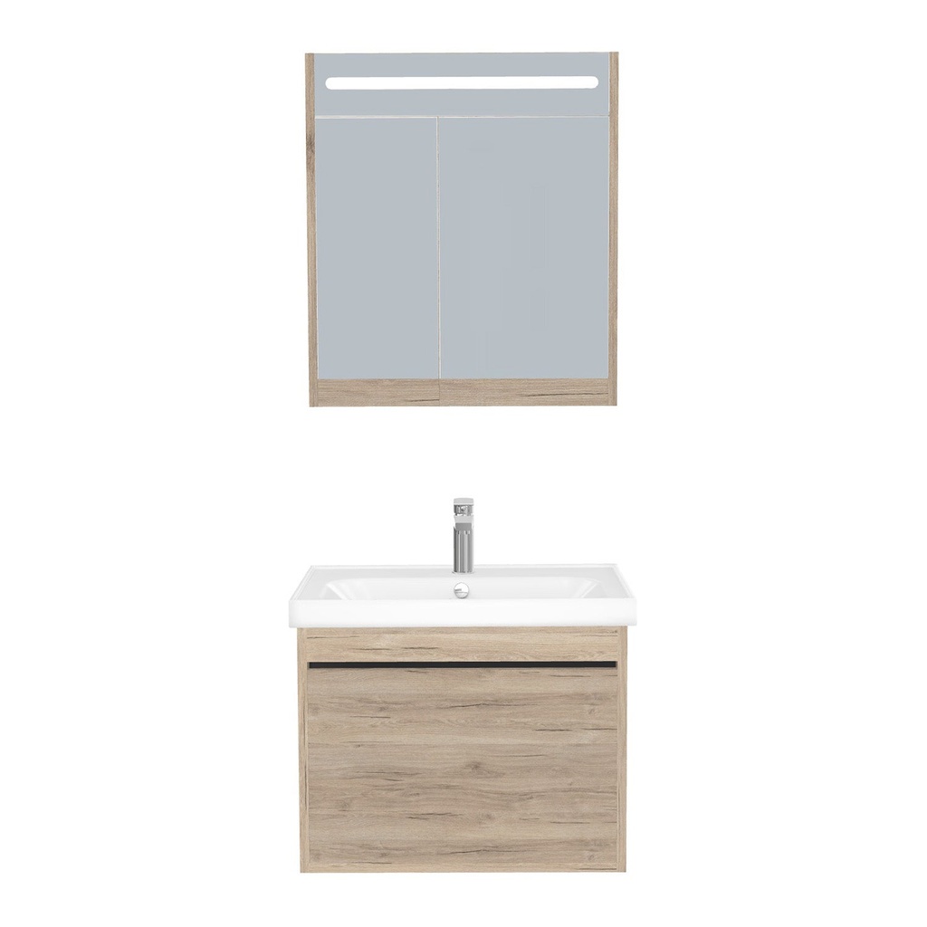 [B-OB-65-ST-WFR-LSK-DE] Oberhausen Badkamermeubel Set 65 cm Duitse Eik - Onderkast MDF Softclose Semi handgreep 1 lade met Keramische Wastafel 1 kraangat en Badkamerspiegelkast met Led-verlichting