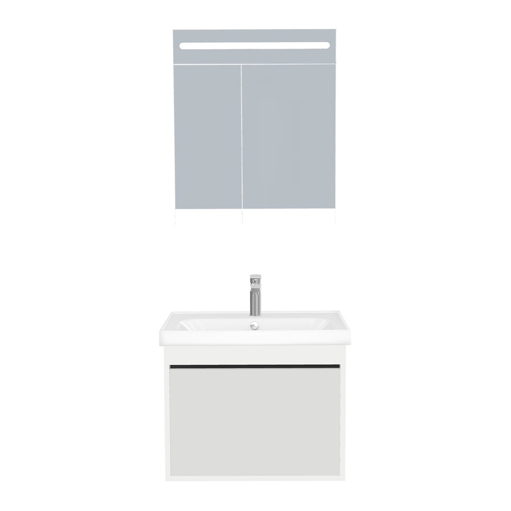 Oberhausen Badkamermeubel Set 65 cm Hoogglans Wit - Onderkast MDF Softclose Semi handgreep 1 lade met Keramische Wastafel 1 kraangat en Badkamerspiegelkast met Led-verlichting
