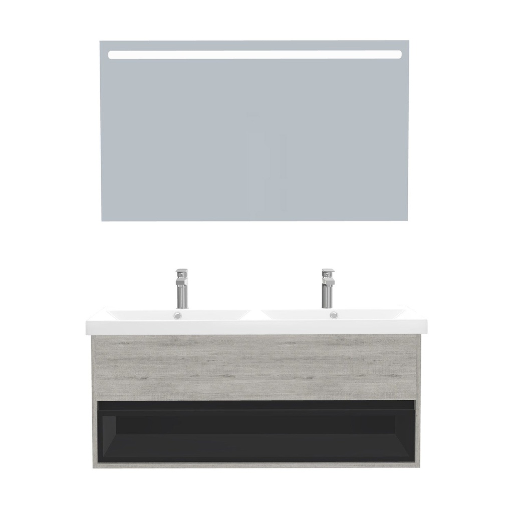 [C-PO-120-ST-WEL-LS-LS] Pohlheim Badkamermeubel Set 120 cm Lissabon - Onderkast MDF Softclose Greeploos 1 lade met Keramische Wastafel 2 kraangat en Badkamerspiegel met Led-verlichting