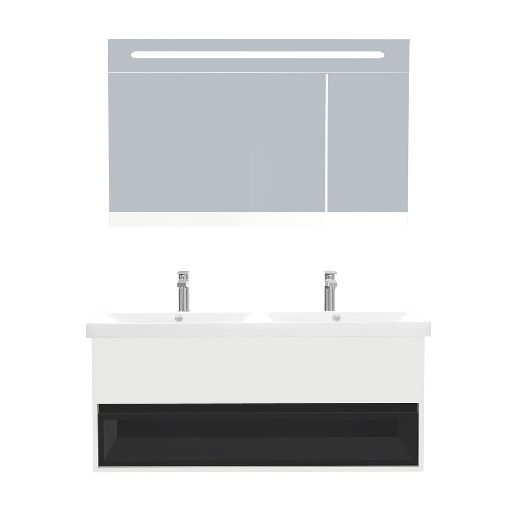 [C-PO-120-ST-WEL-LSK-HW] Pohlheim Badkamermeubel Set 120 cm Hoogglans Wit - Onderkast MDF Softclose Greeploos 1 lade met Keramische Wastafel 2 kraangat en Badkamerspiegelkast met Led-verlichting