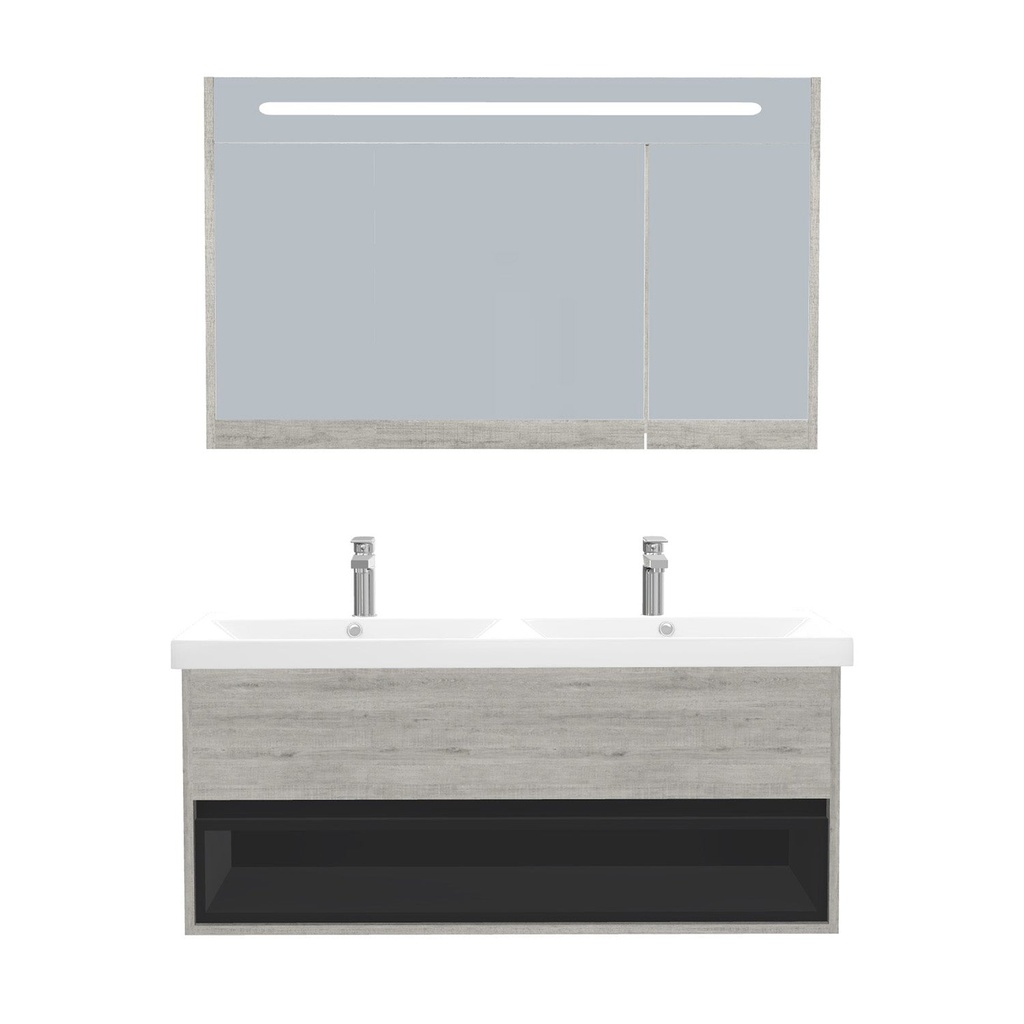 [C-PO-120-ST-WEL-LSK-LS] Pohlheim Badkamermeubel Set 120 cm Lissabon - Onderkast MDF Softclose Greeploos 1 lade met Keramische Wastafel 2 kraangat en Badkamerspiegelkast met Led-verlichting