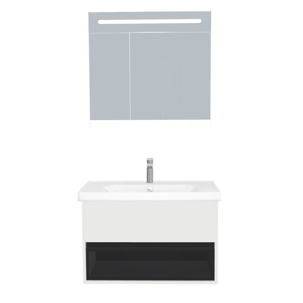 [C-PO-80-ST-WFR-LSK-HW] Pohlheim Badkamermeubel Set 80 cm Hoogglans Wit - Onderkast MDF Softclose Greeploos 1 lade met Keramische Wastafel 1 kraangat en Badkamerspiegelkast met Led-verlichting