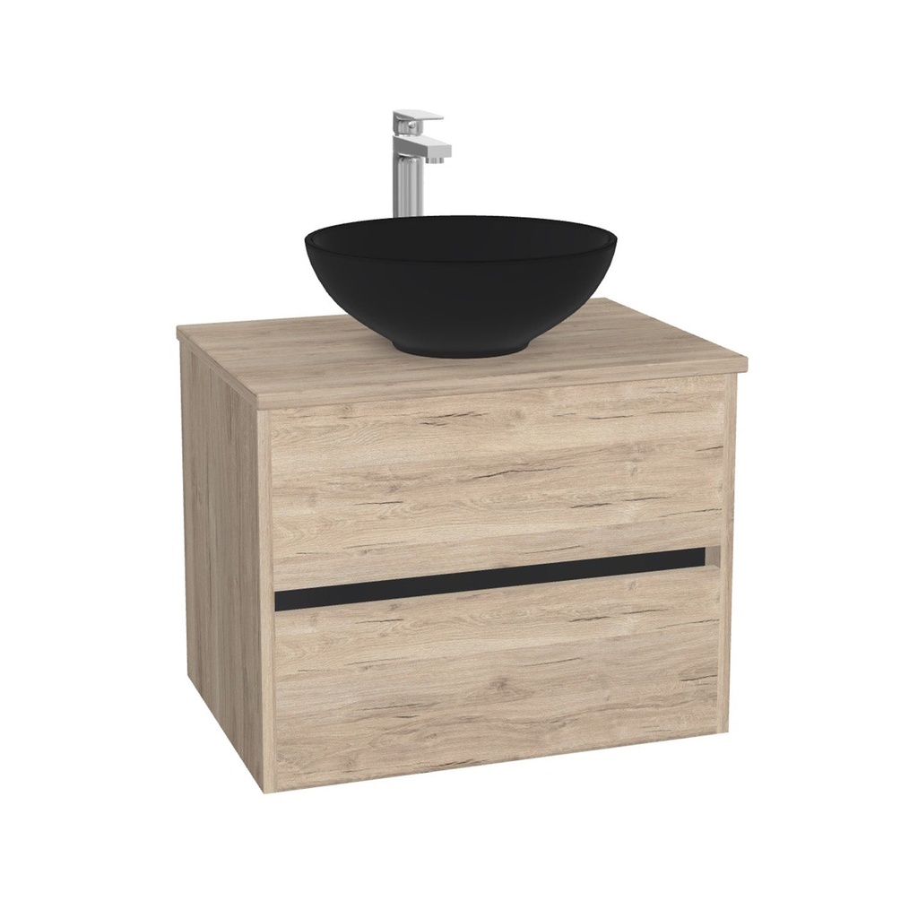 Jena Badkamermeubel 65 cm Duitse Eik - Onderkast MDF - Softclose greeploos 2 lades Inclusief Toledo keramische waskom met wastafelblad (MDF Zwart 25mm, Mat Wit)