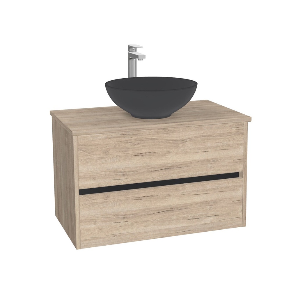 Jena Badkamermeubel 80 cm Duitse Eik - Onderkast MDF - Softclose greeploos 2 lades Inclusief Toledo keramische waskom met wastafelblad (MDF Zwart 25mm, Mat Wit)