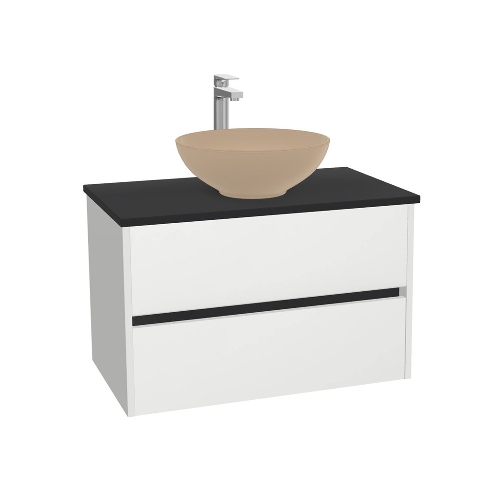 Jena Badkamermeubel 80 cm Hoogglans Wit - Onderkast MDF - Softclose greeploos 2 lades Inclusief Toledo keramische waskom met wastafelblad (MDF Zwart 25mm, Mat Wit)