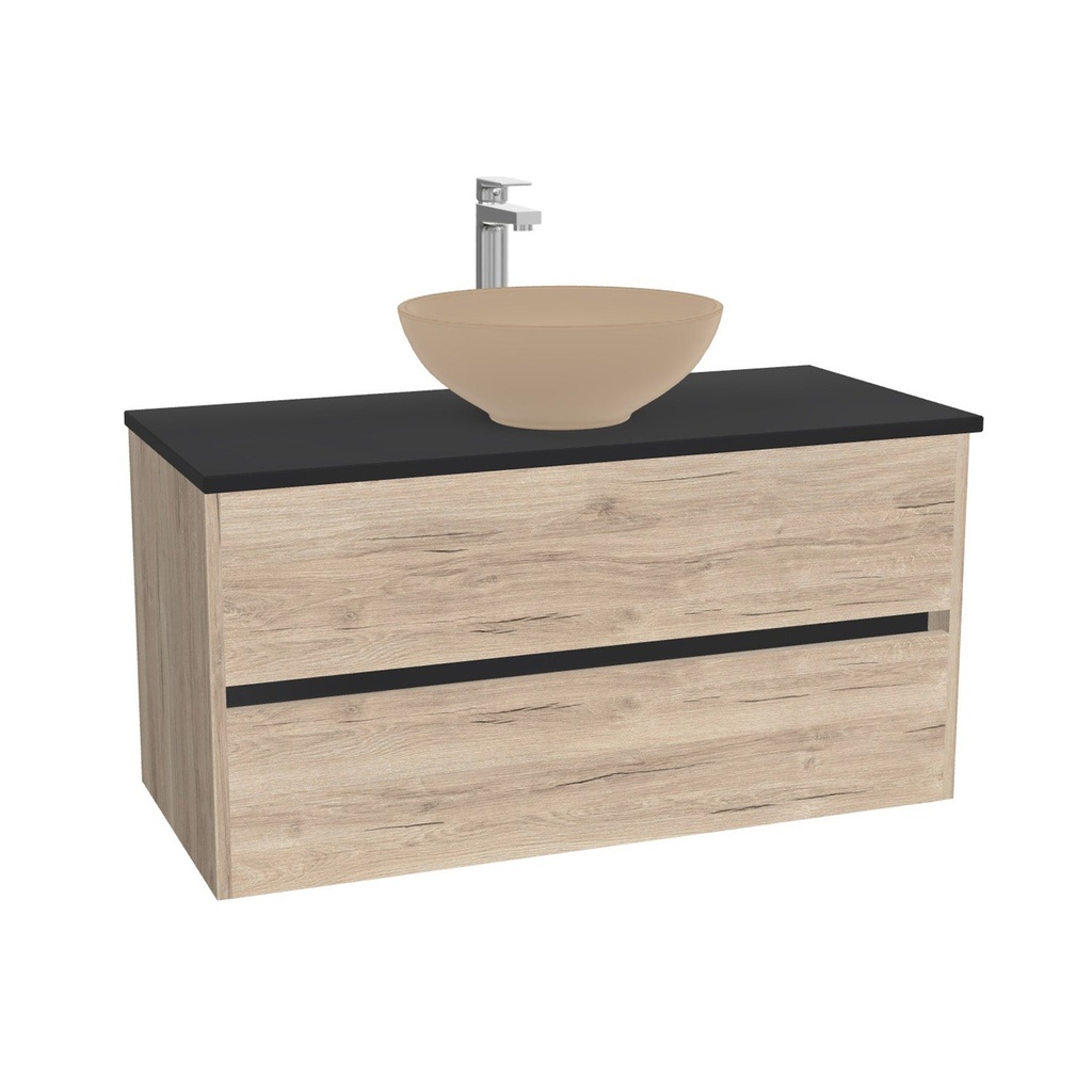 Jena Badkamermeubel 100 cm Duitse Eik - Onderkast MDF - Softclose greeploos 2 lades Inclusief Toledo keramische waskom met wastafelblad (MDF Zwart 25mm, Mat Wit)