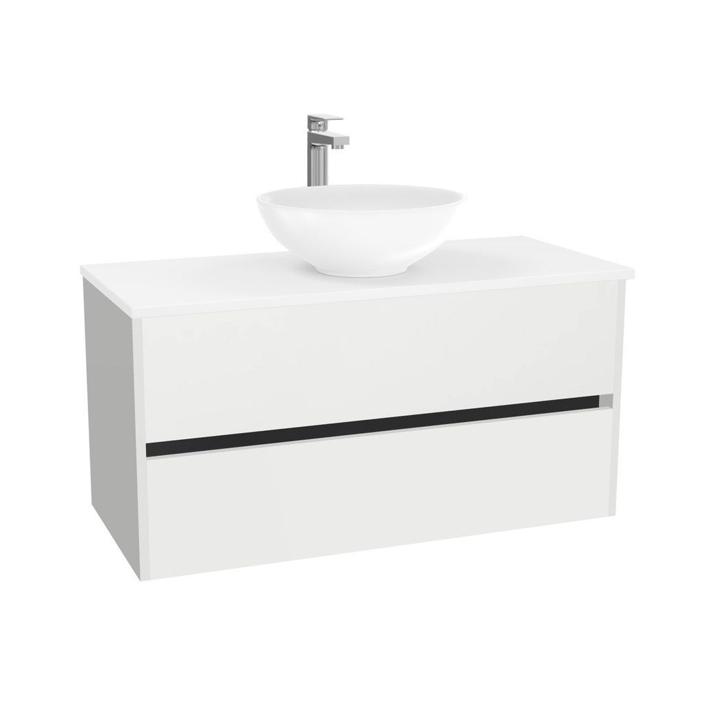 Jena Badkamermeubel 100 cm Hoogglans Wit - Onderkast MDF - Softclose greeploos 2 lades Inclusief Toledo keramische waskom met wastafelblad (MDF Zwart 25mm, Mat Wit)