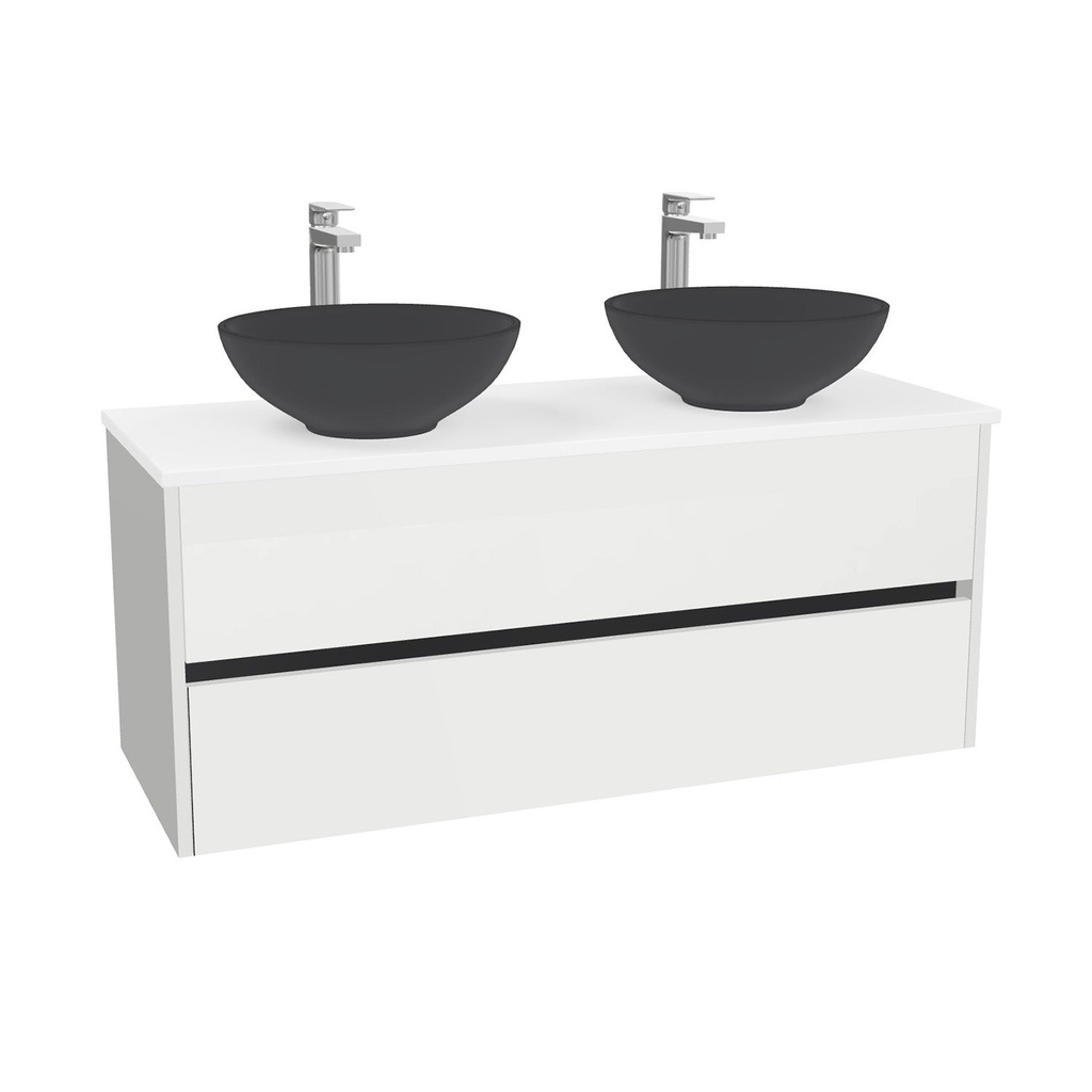 Jena Badkamermeubel 120 cm Hoogglans Wit - Onderkast MDF - Softclose greeploos 2 lades Inclusief Toledo keramische waskom met wastafelblad (MDF Zwart 25mm, Mat Wit)