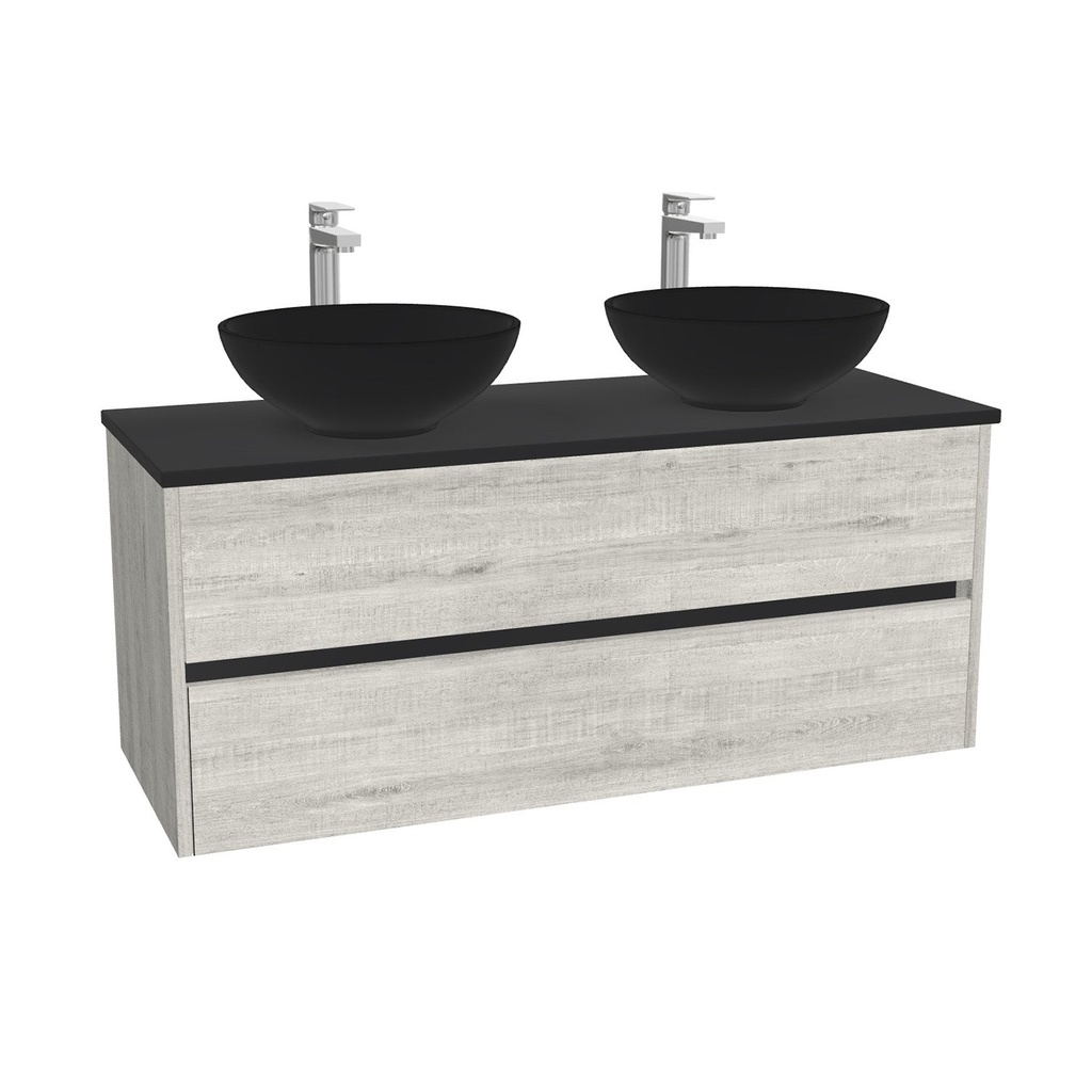 Jena Badkamermeubel 120 cm Lissabon - Onderkast MDF - Softclose greeploos 2 lades Inclusief Toledo keramische waskom met wastafelblad (MDF Zwart 25mm, Mat Wit)