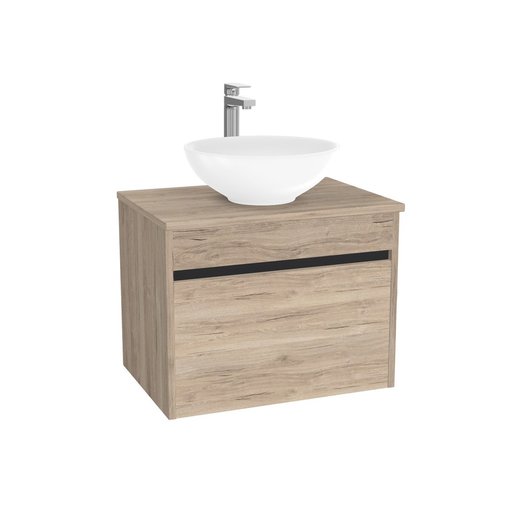 Amsterdam Badkamermeubel 65 cm Duitse Eik - Onderkast MDF - Softclose greeploos 2 lades Inclusief Toledo keramische waskom met wastafelblad (MDF Zwart 25mm, Mat Wit)