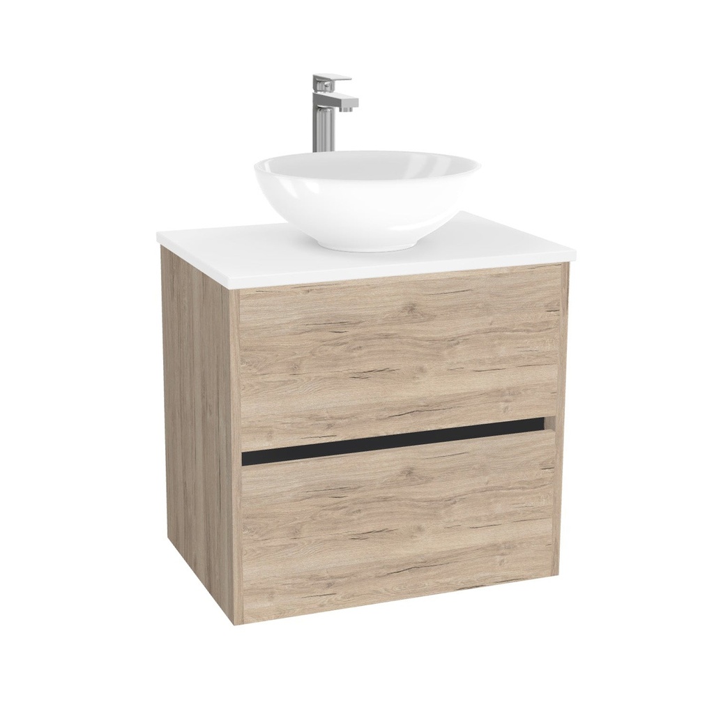 Berlin Badkamermeubel 65 cm Duitse Eik - Onderkast MDF - Softclose greeploos 2 lades Inclusief Toledo keramische waskom met wastafelblad (MDF Zwart 25mm, Mat Wit)