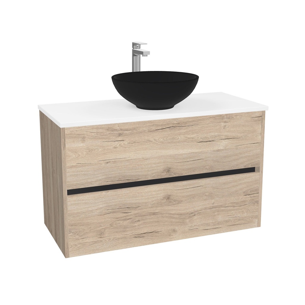 Berlin Badkamermeubel 100 cm Duitse Eik - Onderkast MDF - Softclose greeploos 2 lades Inclusief Toledo keramische waskom met wastafelblad (MDF Zwart 25mm, Mat Wit)