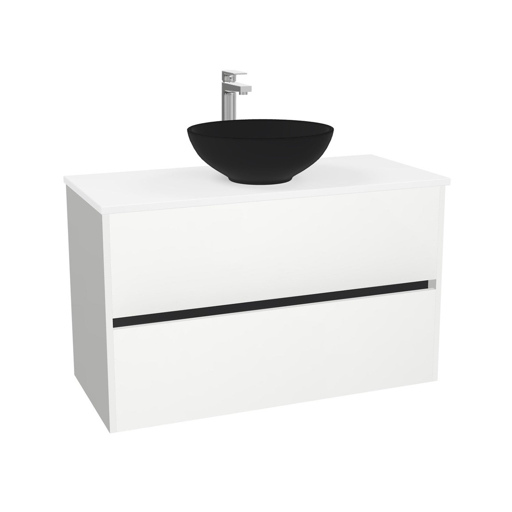 Berlin Badkamermeubel 100 cm Hoogglans Wit - Onderkast MDF - Softclose greeploos 2 lades Inclusief Toledo keramische waskom met wastafelblad (MDF Zwart 25mm, Mat Wit)