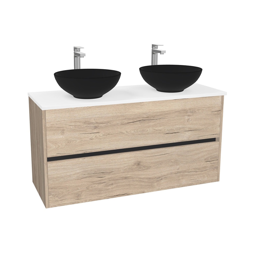 Berlin Badkamermeubel 120 cm Duitse Eik - Onderkast MDF - Softclose greeploos 2 lades Inclusief Toledo keramische waskom met wastafelblad (MDF Zwart 25mm, Mat Wit)