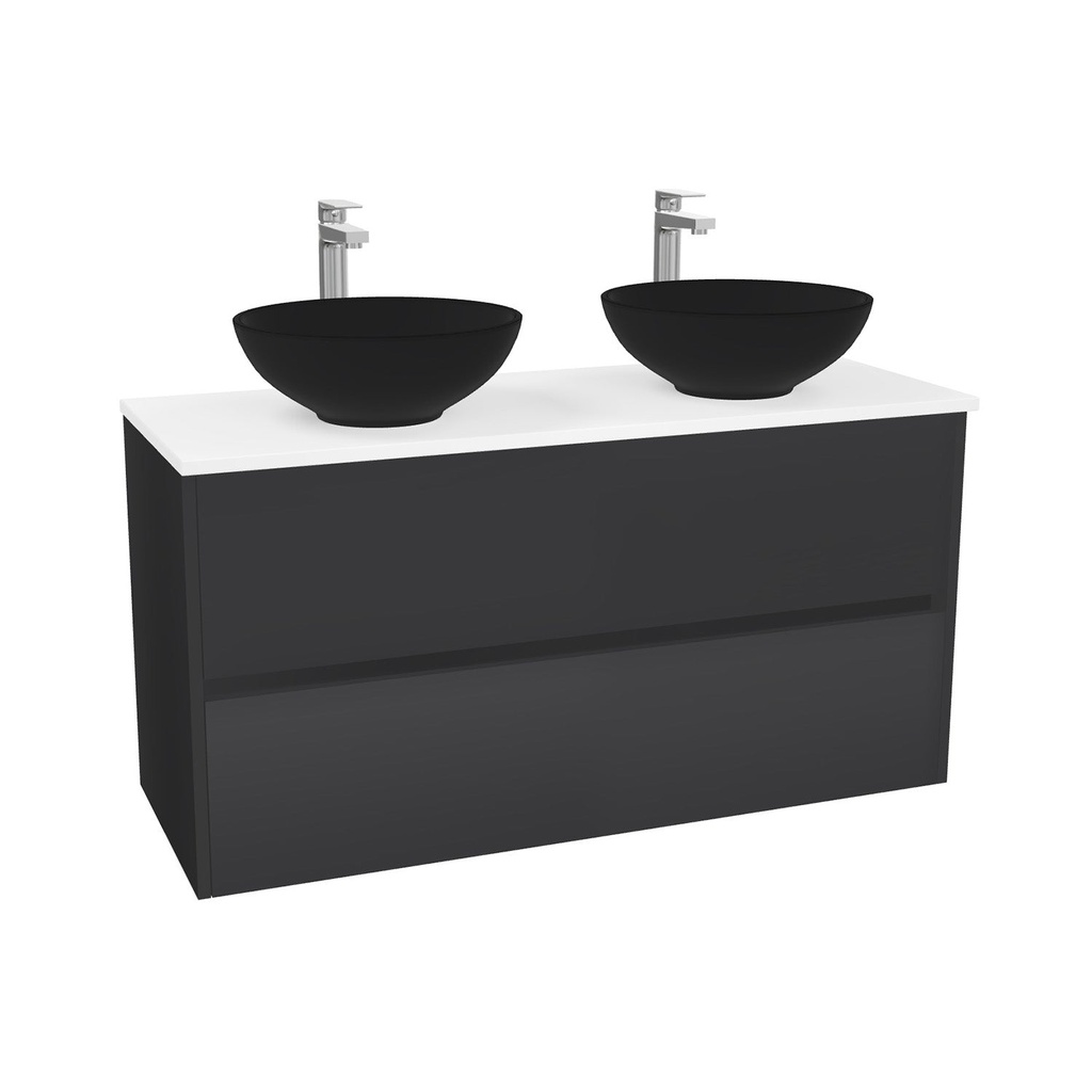 Berlin Badkamermeubel 120 cm Mat Zwart - Onderkast MDF - Softclose greeploos 2 lades Inclusief Toledo keramische waskom met wastafelblad (MDF Zwart 25mm, Mat Wit)