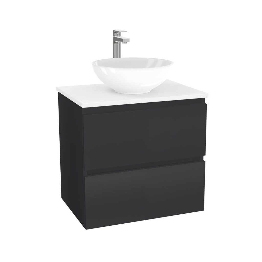 Bonn Badkamermeubel 65 cm Mat Zwart - Onderkast MDF - Softclose greeploos 2 lades Inclusief Toledo keramische waskom met wastafelblad (MDF Zwart 25mm, Mat Wit)