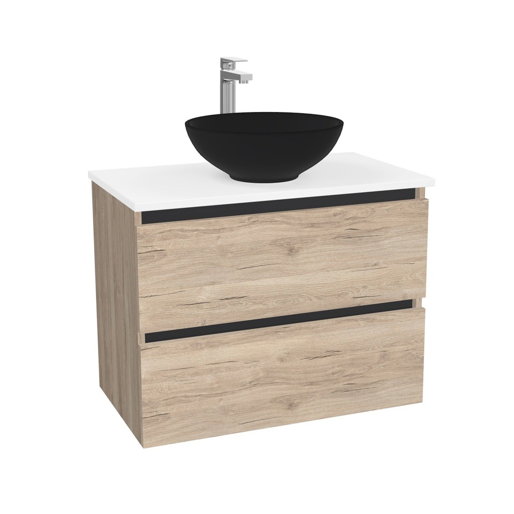 Bonn Badkamermeubel 80 cm Duitse Eik - Onderkast MDF - Softclose greeploos 2 lades Inclusief Toledo keramische waskom met wastafelblad (MDF Zwart 25mm, Mat Wit)