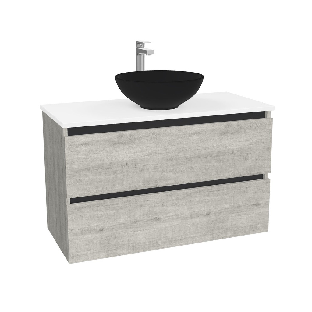 Bonn Badkamermeubel 100 cm Lissabon - Onderkast MDF - Softclose greeploos 2 lades Inclusief Toledo keramische waskom met wastafelblad (MDF Zwart 25mm, Mat Wit)