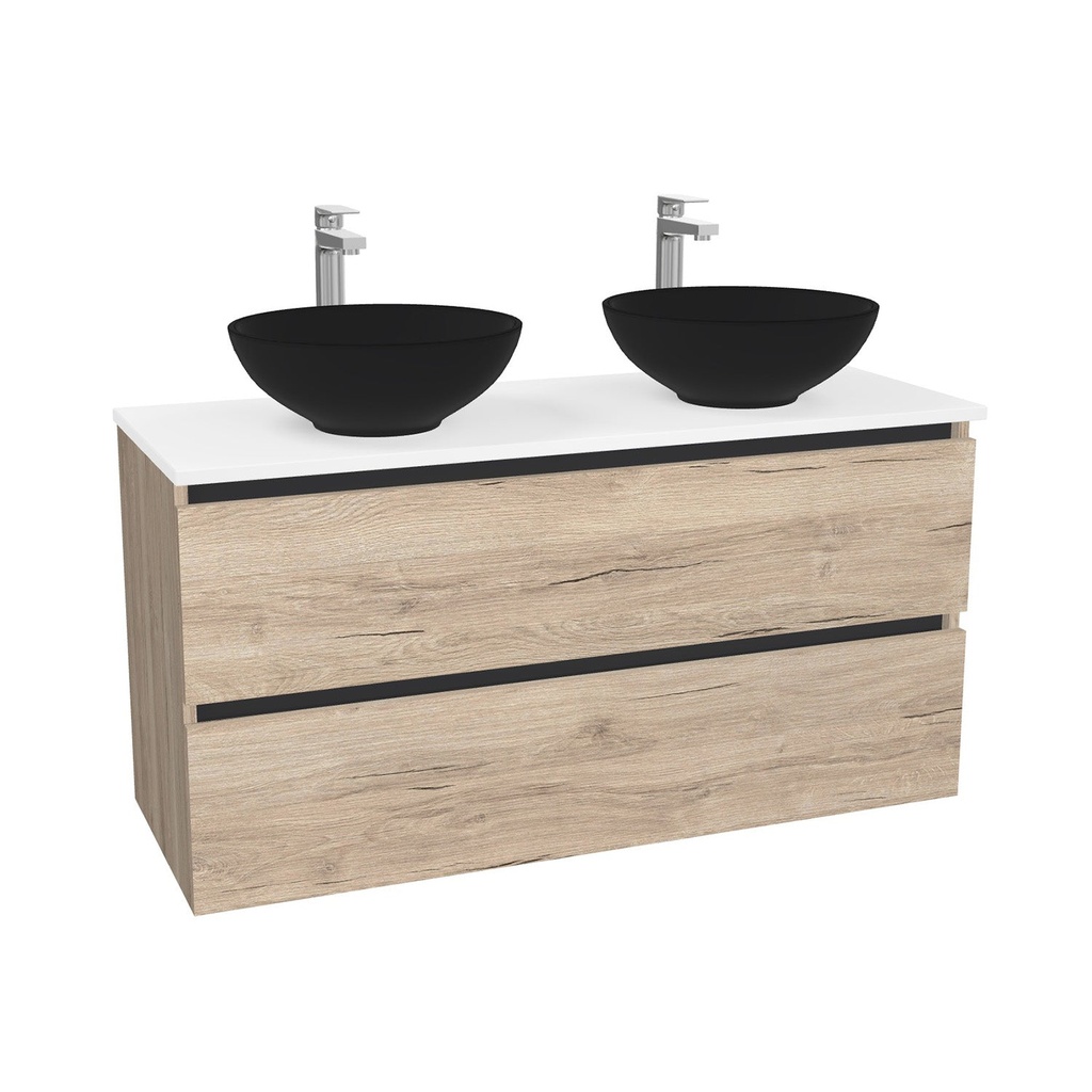 Bonn Badkamermeubel 120 cm Duitse Eik - Onderkast MDF - Softclose greeploos 2 lades Inclusief Toledo keramische waskom met wastafelblad (MDF Zwart 25mm, Mat Wit)