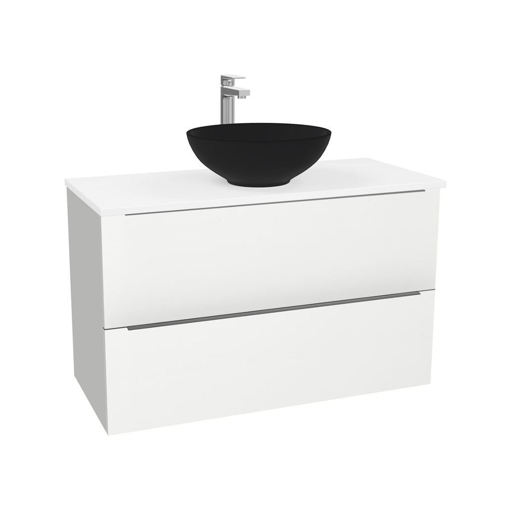 Frankfurt Badkamermeubel 100 cm Hoogglans Wit - Onderkast MDF - Softclose semi handgreep 2 lades Inclusief Toledo keramische waskom met wastafelblad (MDF Zwart 25mm, Mat Wit)